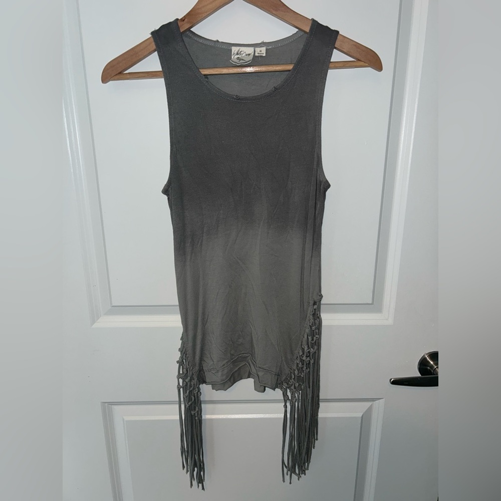 Distressed ombré tank top with fringe